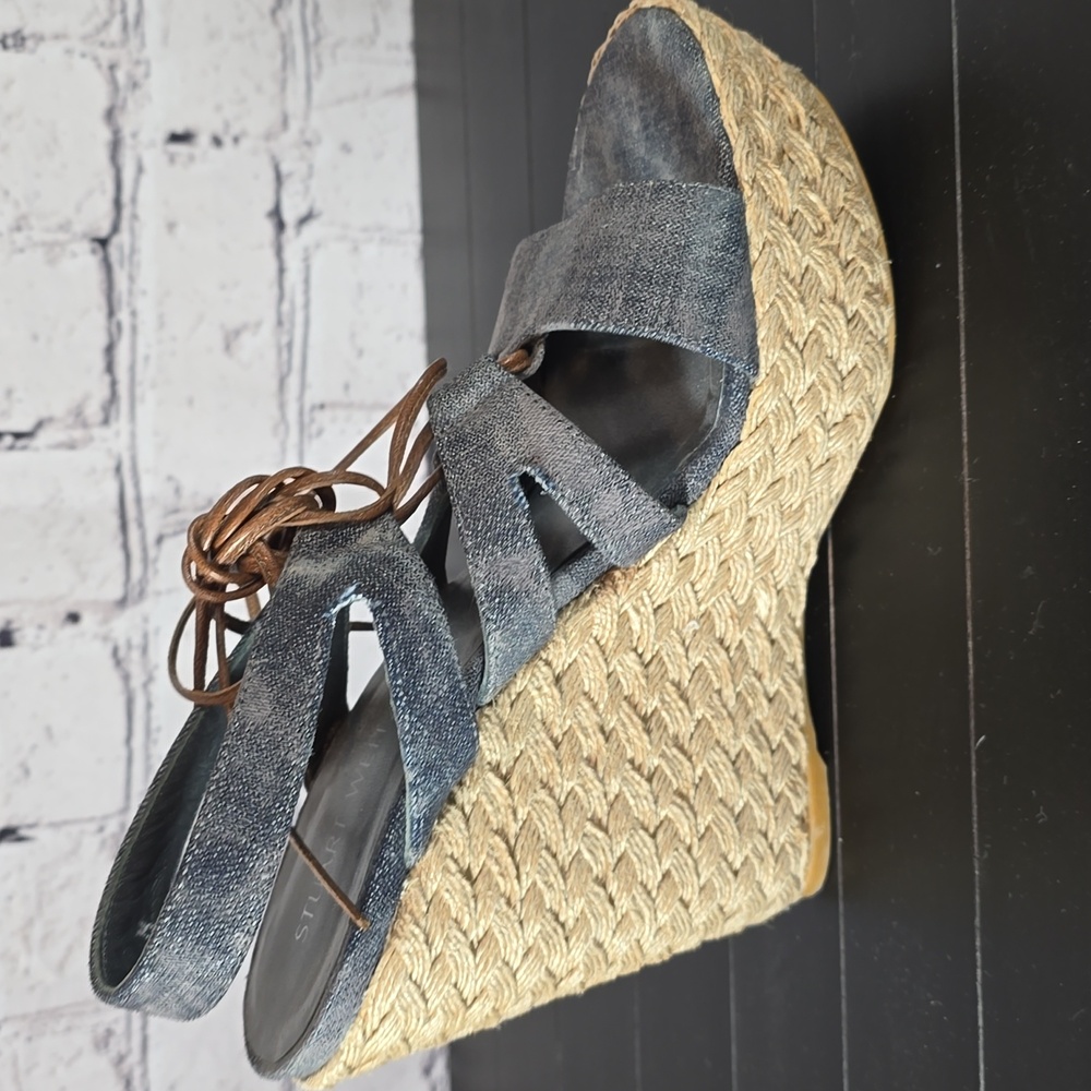 Stuart Weitzman Denim and Tan Espadrilles-Style Wedge Sandals Size 8.5 - Picture 5 of 10